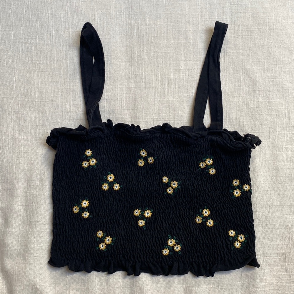 H&M Smocked Cotton Tank Top Women's Size Medium Black with Embroidered Flowers